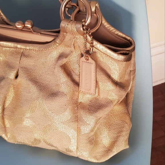 EUC Excellent Pre-Loved Gold Brocade Coach Hand Bag, Immaculate Interior - Picture 2 of 15